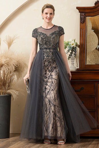 Grey A Line Tulle Beaded Glitter Mother of Bride Dress