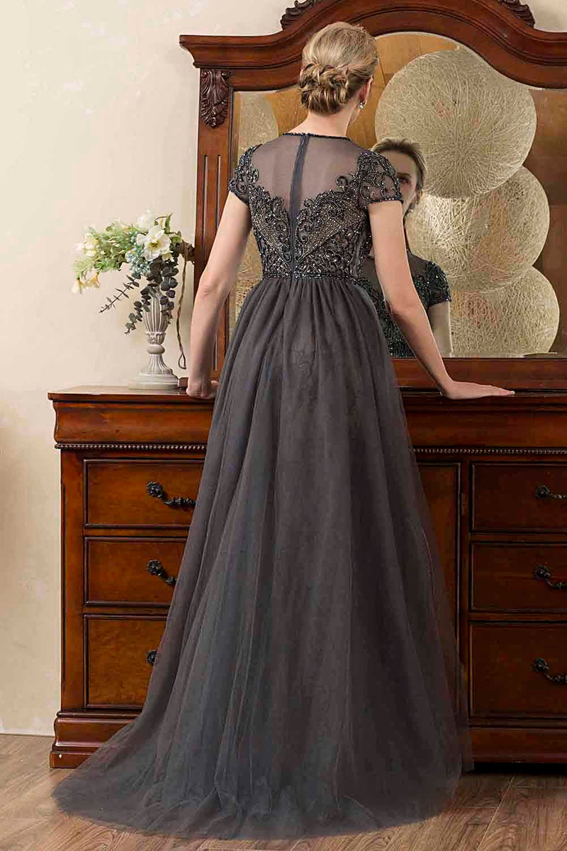 Load image into Gallery viewer, Grey A Line Tulle Beaded Glitter Mother of Bride Dress