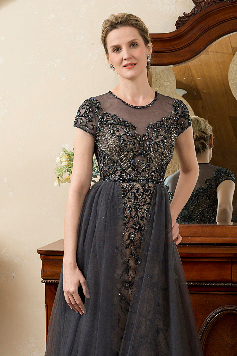 Load image into Gallery viewer, Grey A Line Tulle Beaded Glitter Mother of Bride Dress