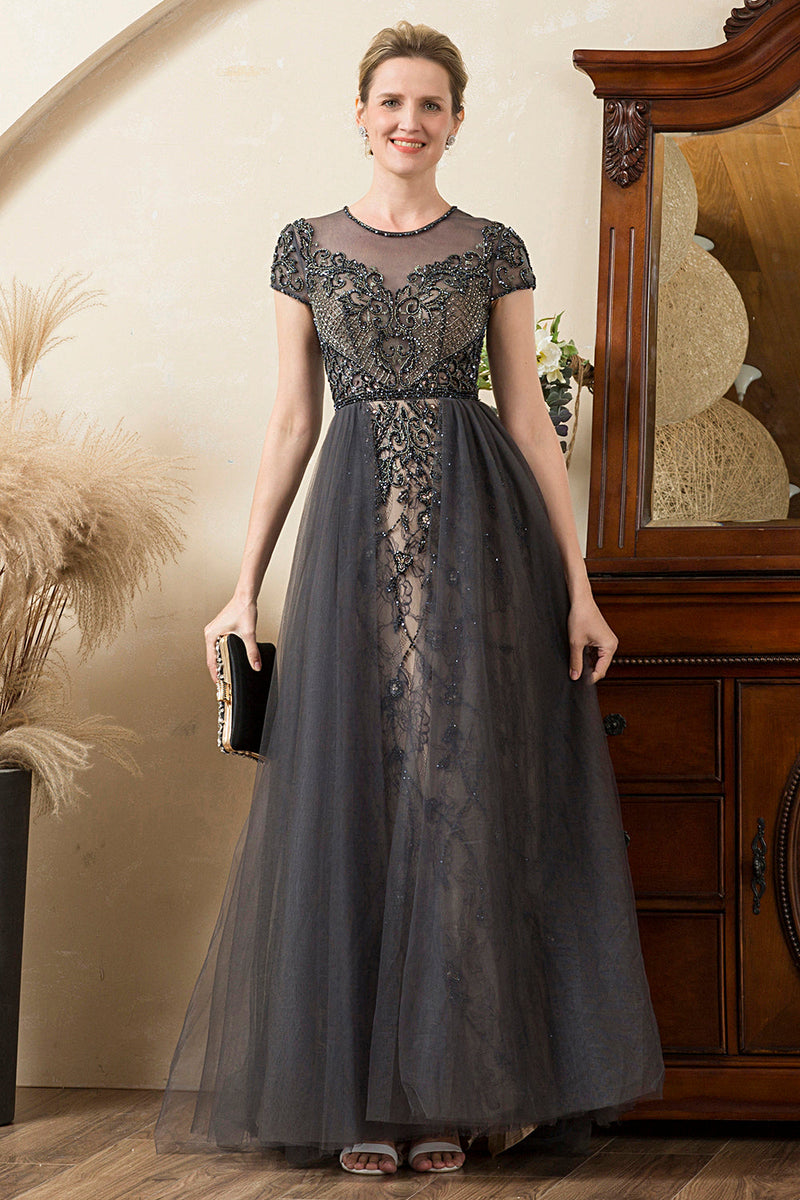 Load image into Gallery viewer, Grey A Line Tulle Beaded Glitter Mother of Bride Dress