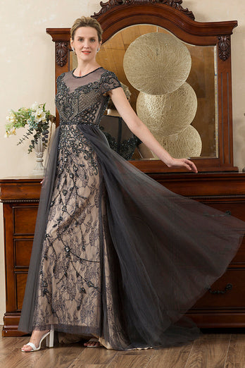 Grey A Line Tulle Beaded Glitter Mother of Bride Dress