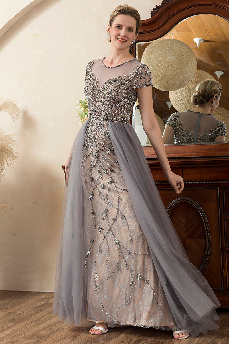 Load image into Gallery viewer, Grey A Line Tulle Beaded Glitter Mother of Bride Dress