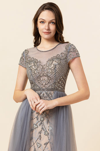 Sparkly Grey Beaded Long Formal Dress