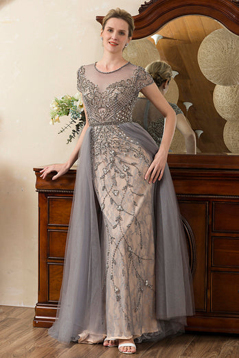 Grey A Line Tulle Beaded Glitter Mother of Bride Dress