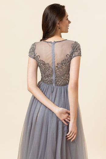 Sparkly Grey Beaded Long Formal Dress