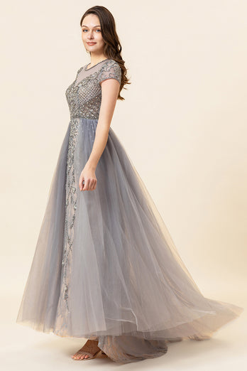 Sparkly Grey Beaded Long Formal Dress