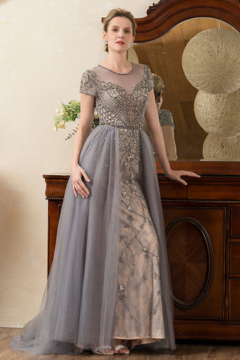 Grey A Line Tulle Beaded Glitter Mother of Bride Dress