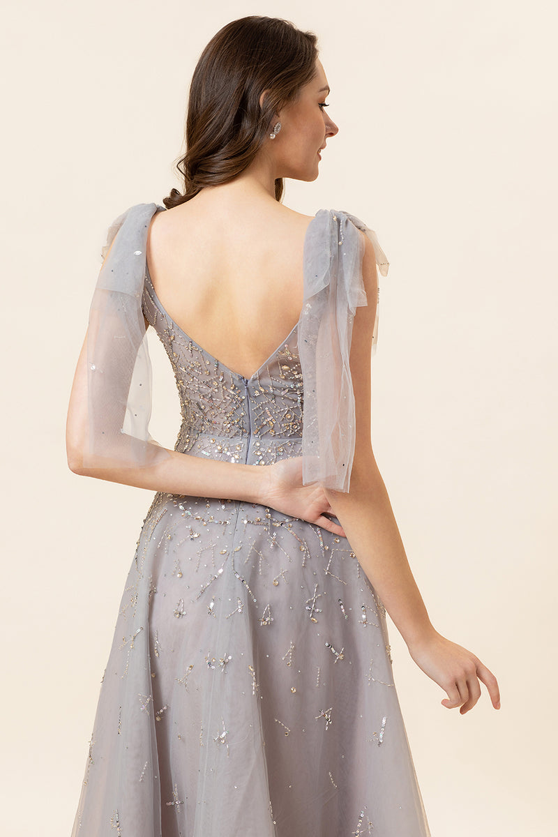 Load image into Gallery viewer, Sparkly Beaded Grey Long Tulle Prom Dress