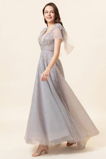 Sparkly Beaded Grey Long Tulle Prom Dress