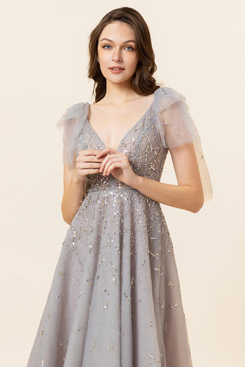 Sparkly Beaded Blue Long Tulle Prom Dress