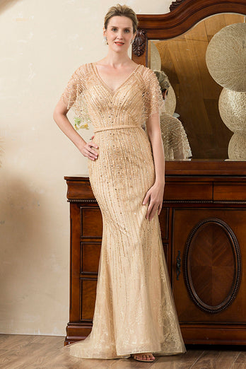 Beading V-neck Glitter Mermaid Mother of Bride Dress