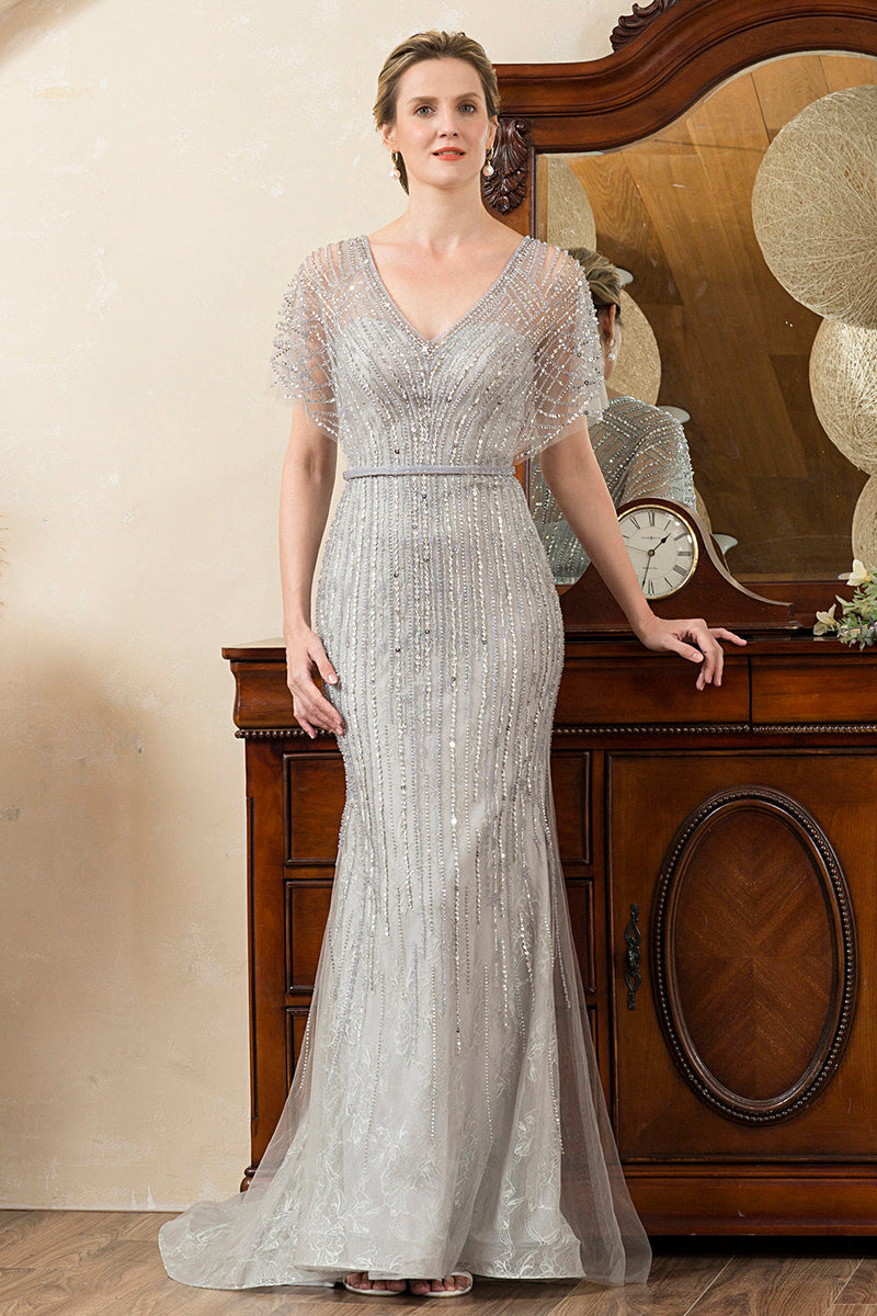 Load image into Gallery viewer, Beading V-neck Glitter Mermaid Mother of Bride Dress