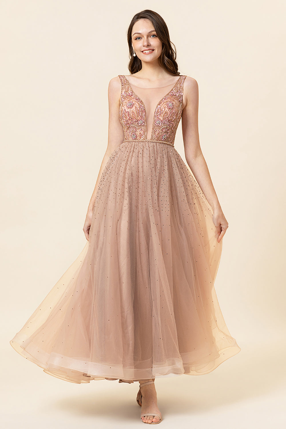 Sparkly Blush Beaded Long Tulle Prom Dress