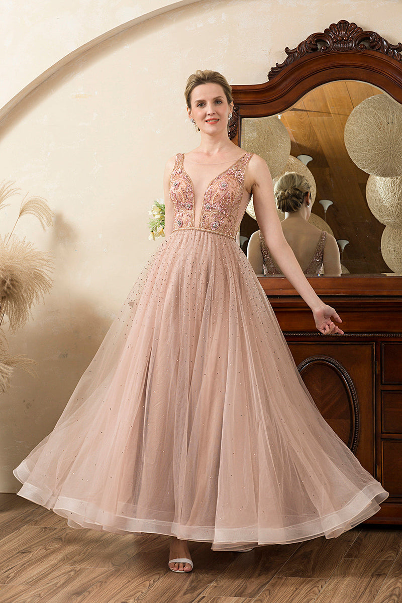 Load image into Gallery viewer, Blush Beaded A Line Sparkly Evening Dress