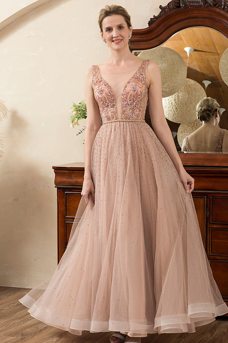 Load image into Gallery viewer, Blush Beaded A Line Sparkly Evening Dress