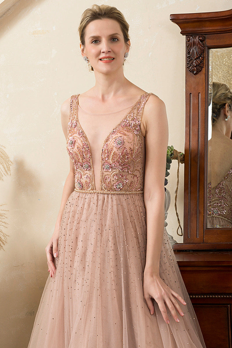 Load image into Gallery viewer, Blush Beaded A Line Sparkly Evening Dress