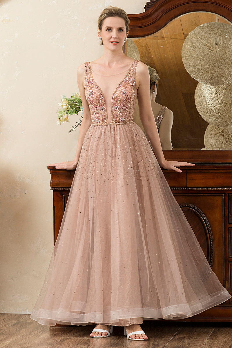 Load image into Gallery viewer, Blush Beaded A Line Sparkly Evening Dress