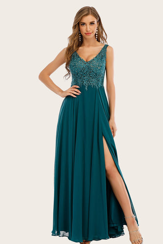 Turquoise Chiffon Long Prom Dress with Beading