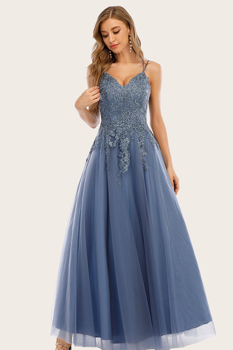 Load image into Gallery viewer, Dusty Blue Long Prom Dress with Lace