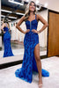 Load image into Gallery viewer, Sparkly Blue Sheath Sequins Long Formal Dress with Slit