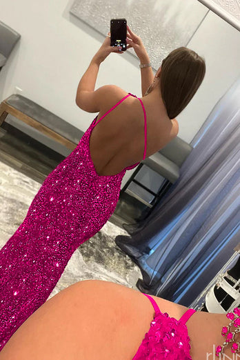 Sparkly Hot Pink Mermaid Sequins Long Formal Dress