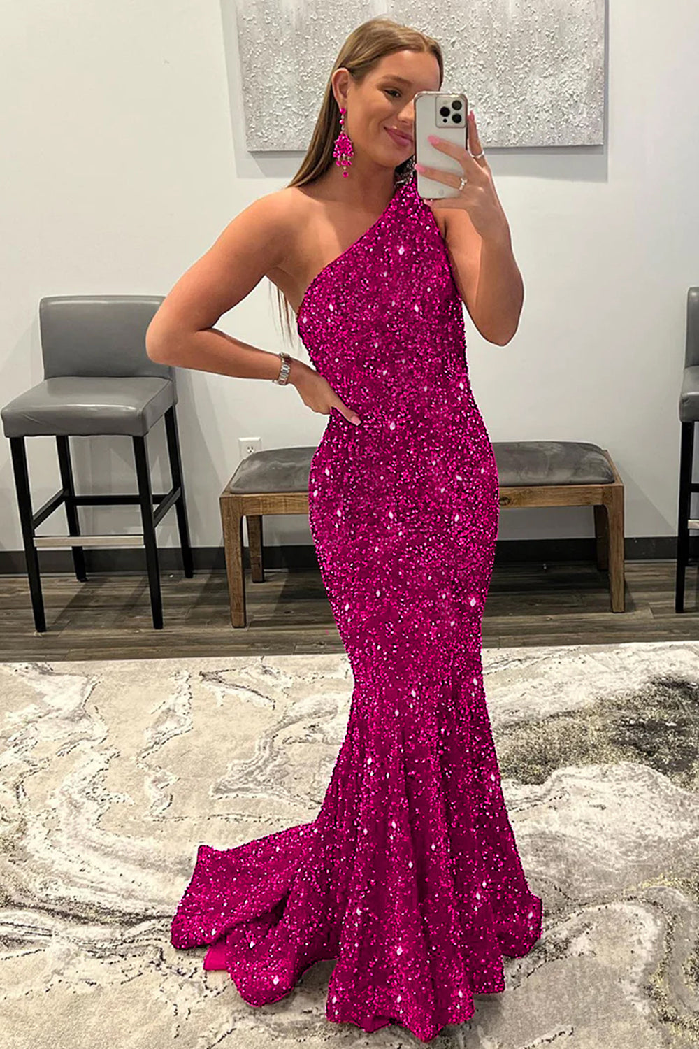 Sparkly Hot Pink Mermaid Sequins Long Formal Dress