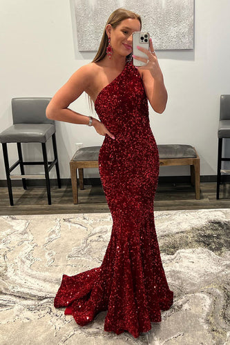 Burgundy Mermaid Sequins Long Formal Dress