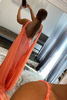 Orange Watteau Train Sequins Long Formal Dress