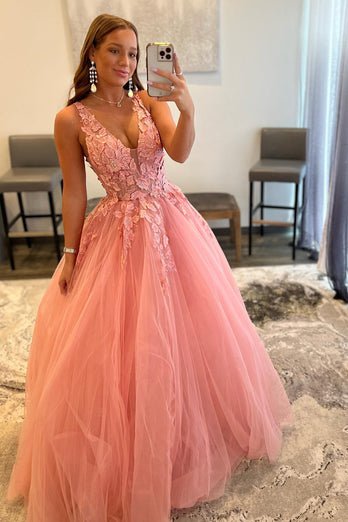 Princess A Line Deep V Neck Blush Long Formal Dress with Appliques