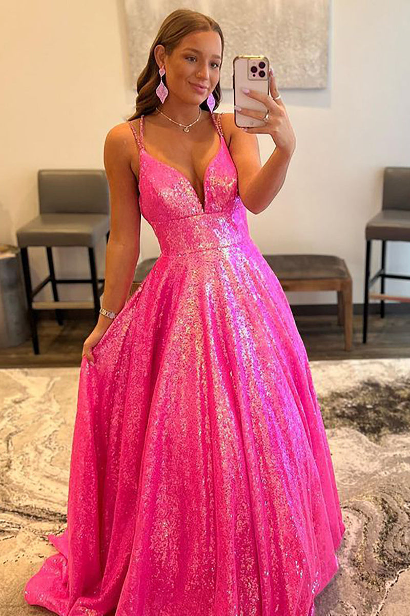 Load image into Gallery viewer, Glitter Fuchsia Sequins Long Formal Dress