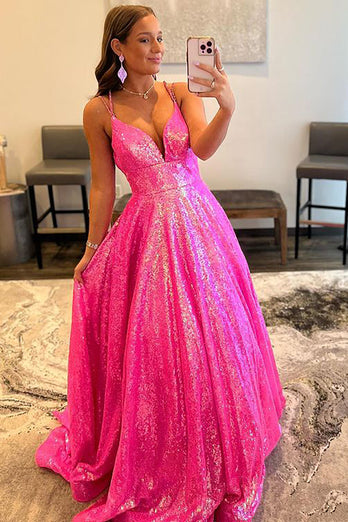 Glitter Fuchsia Sequins Long Formal Dress