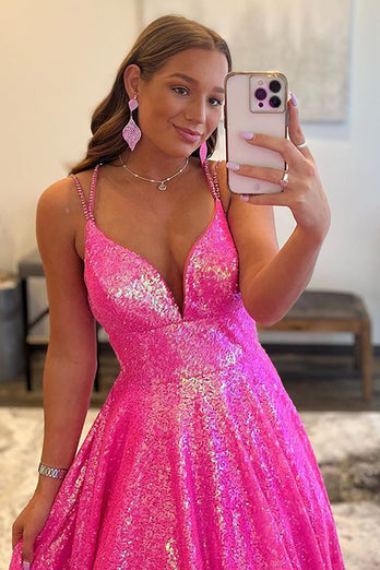 Glitter Fuchsia Sequins Long Formal Dress