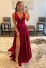 Load image into Gallery viewer, Burgundy V Neck Backless Long Formal Dress with Lace