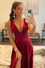 Load image into Gallery viewer, Burgundy V Neck Backless Long Formal Dress with Lace