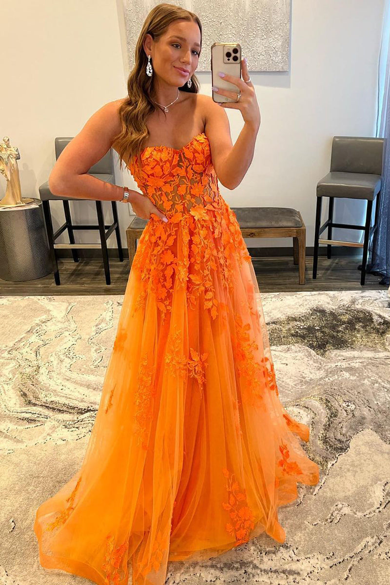 Load image into Gallery viewer, Orange Sweetheart Long Formal Dress with Appliques