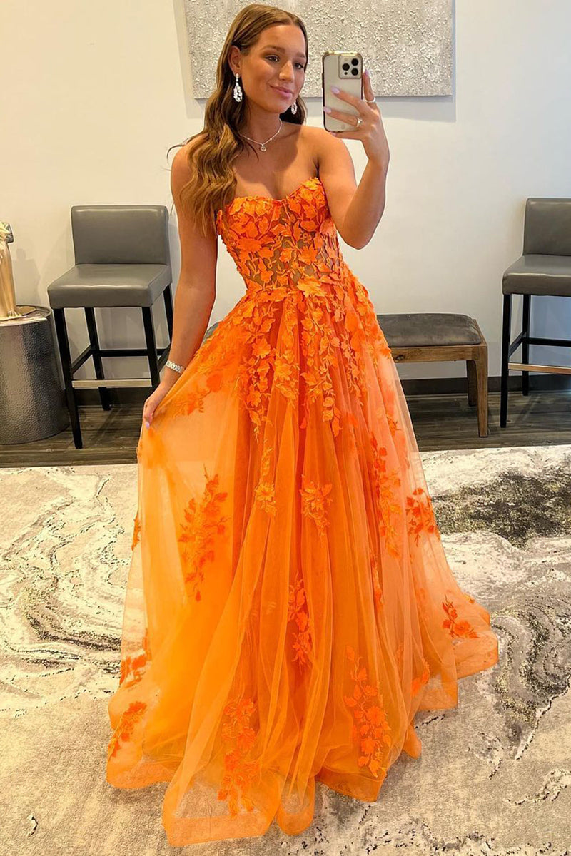 Load image into Gallery viewer, Orange Sweetheart Long Formal Dress with Appliques