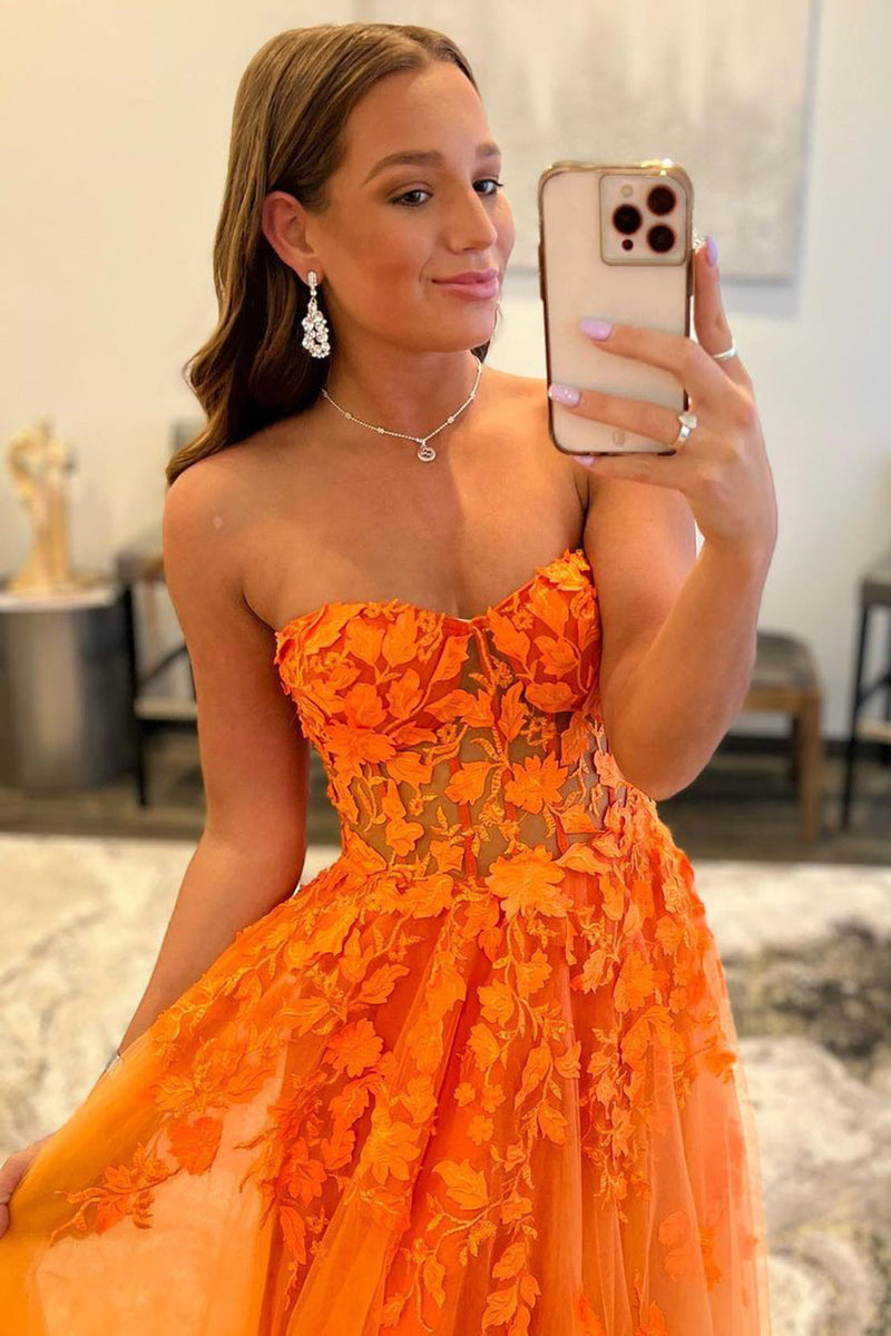 Load image into Gallery viewer, Orange Sweetheart Long Formal Dress with Appliques