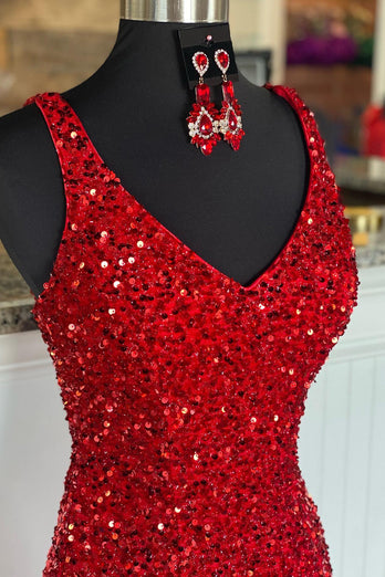 Sheath Spaghetti Straps Red Sequins Formal Dress with Split Front