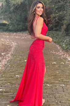 Sheath One Shoulder Red Long Formal Dress with Beading