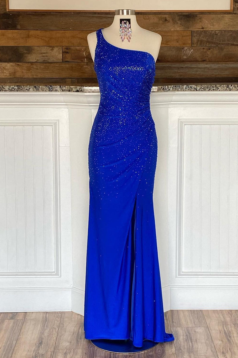 Load image into Gallery viewer, Sheath One Shoulder Royal Blue Long Formal Dress with Beading