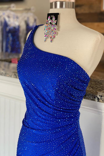 Sheath One Shoulder Royal Blue Long Formal Dress with Beading