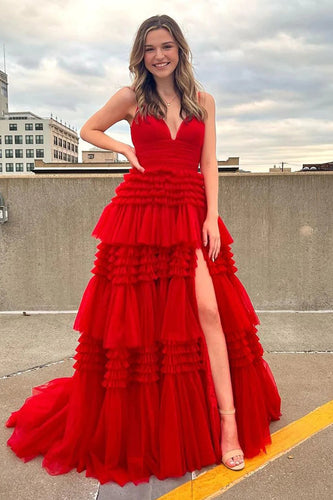 Red Tulle Spaghetti Straps Long Formal Dress