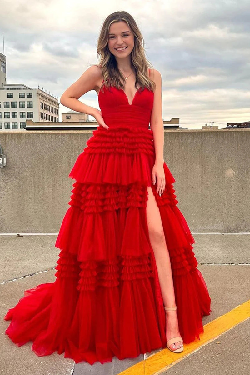 Load image into Gallery viewer, Red Tulle Spaghetti Straps Long Formal Dress