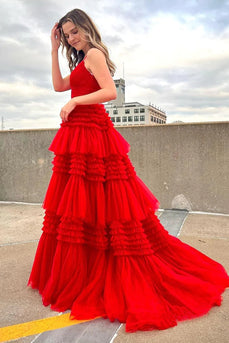 Red Tulle Spaghetti Straps Long Formal Dress