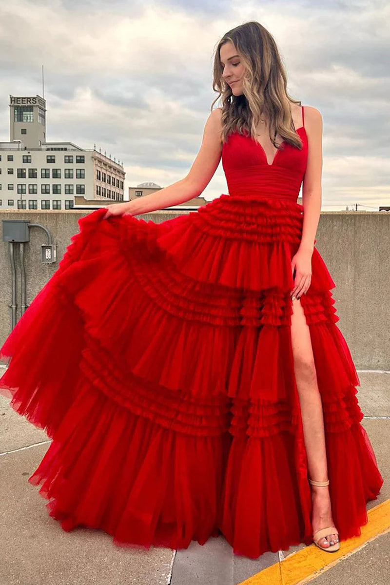 Load image into Gallery viewer, Red Tulle Spaghetti Straps Long Formal Dress