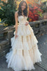 Load image into Gallery viewer, Beige Tulle Tiered Spaghetti Straps Long Formal Dress with Slit