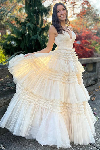 Beige Tulle Tiered Spaghetti Straps Long Formal Dress with Slit