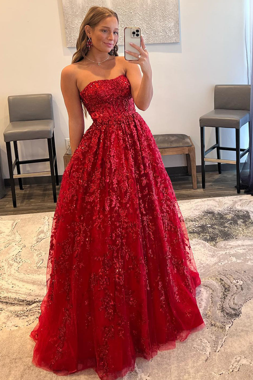 Sparkly Red Long Formal Dress with Pockets