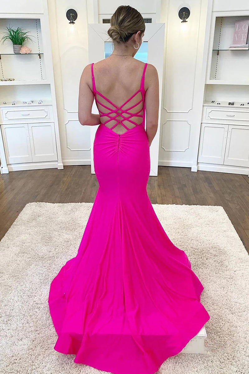 Load image into Gallery viewer, Fuchsia Spaghetti Straps Mermaid Long Formal Dress With Criss Cross Back