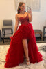 Load image into Gallery viewer, Red Beaded A-Line Tiered High Low Formal Dress